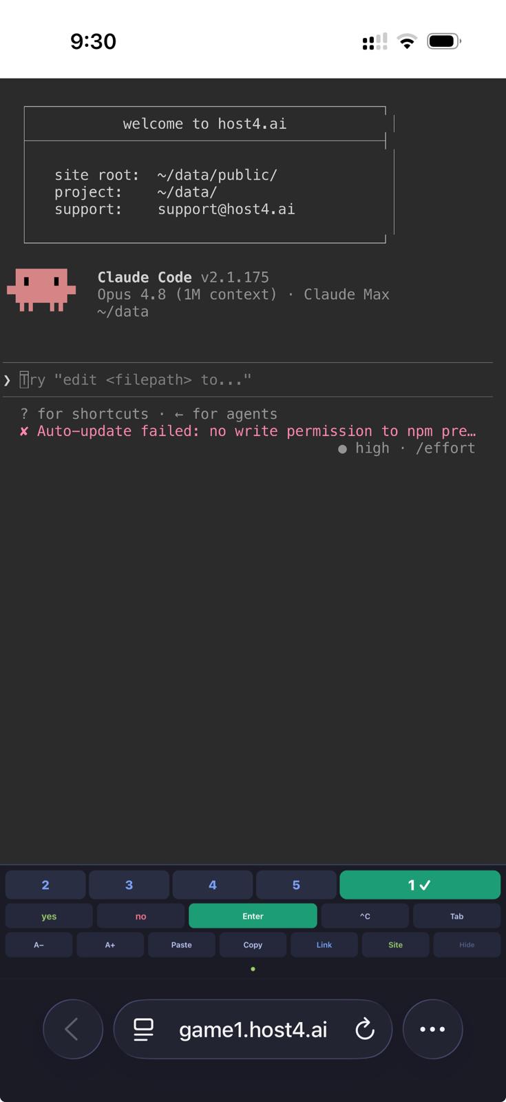 host4.ai mobile terminal with Claude Code